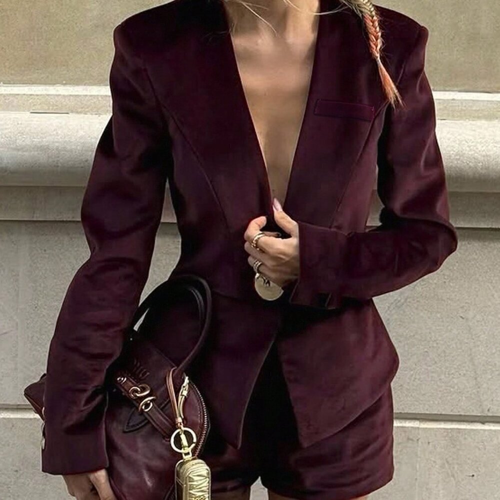 Rust Brown Elegant Chic Women's Velvet Blazer And Shorts Set - Picture 2 of 8